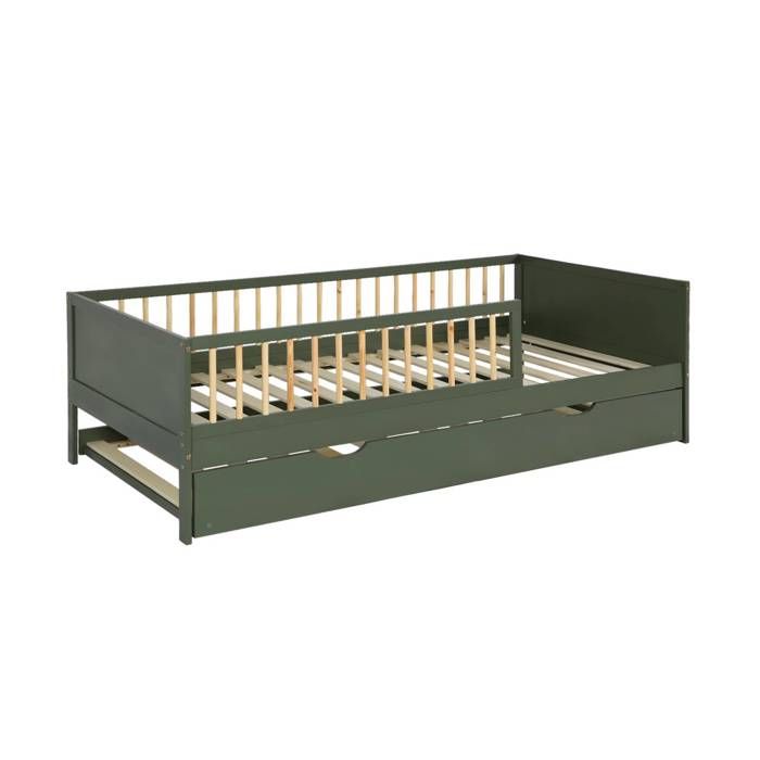 Lit gigogne enfant 90 x 190 cm pin naturel  avec sommier à lattes et tiroir vert - Elio