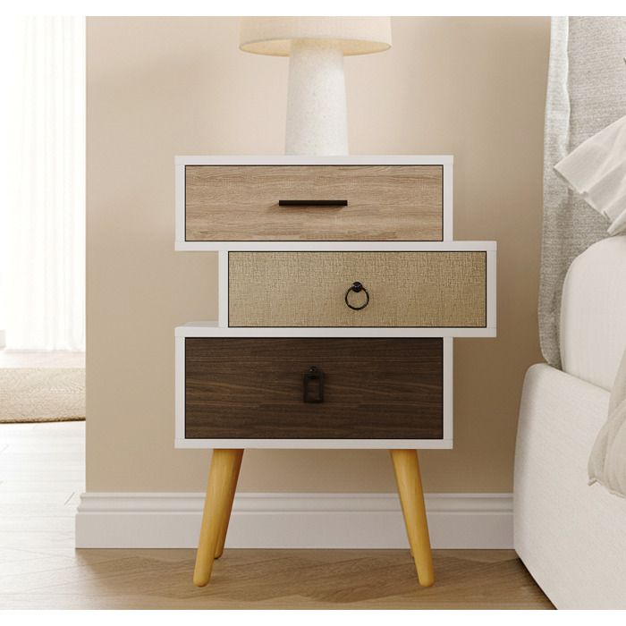 Table de chevet - DESIGN AMEUBLEMENT - Leticia 3C - 3 tiroirs multicolore - Structure blanche mélamine - Pieds coniques bois Table de chevet - DESIGN AMEUBLEMENT - Leticia 3C - 3 tiroirs multicolore - Structure blanche mélamine - Pieds coniques bois