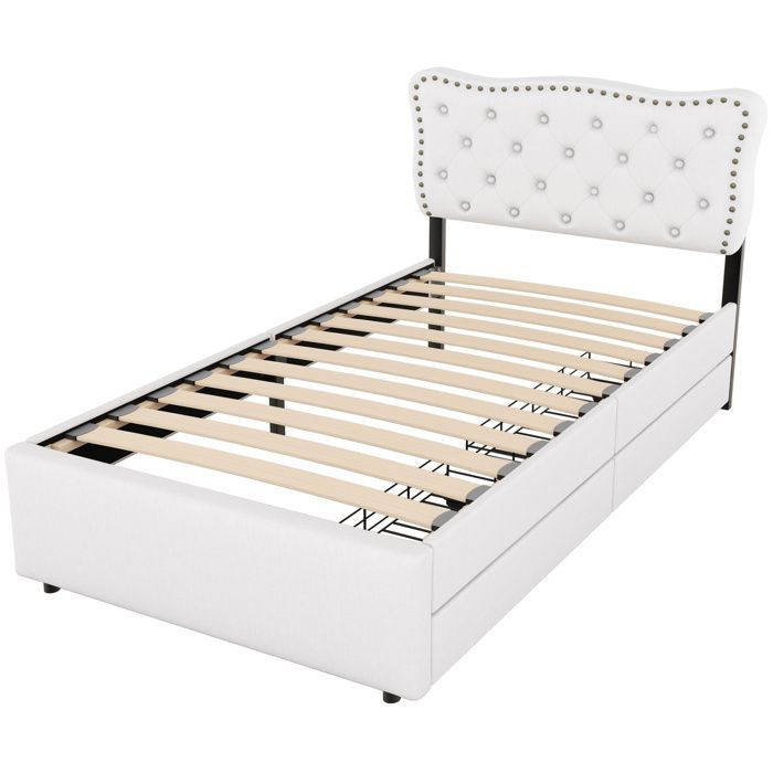 Lit simple 90x200 cm avec 2 tiroirs tête de lit rembourrée réglable MDF lin beige clair Sans matelas