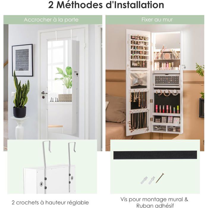 GIANTEX Armoire à Bijoux Murale avec Miroir sans Cadre avec Serrure Lumières Tricolores Miroir Intérieur Suspension de Porte Blanc
