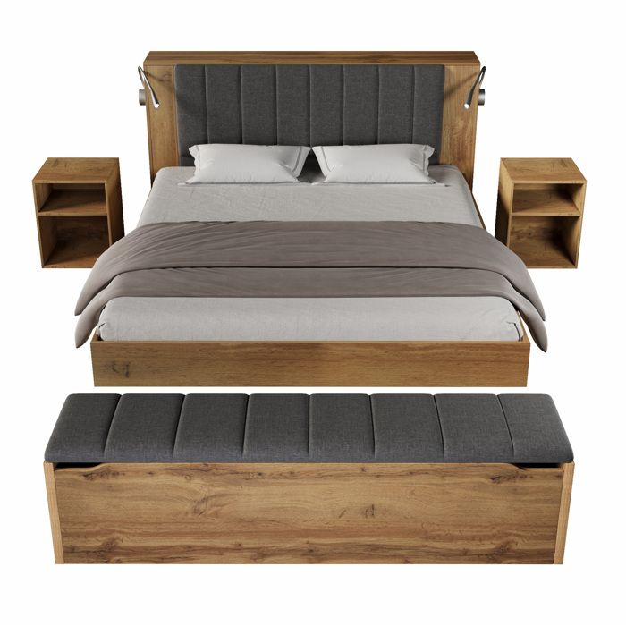 Lit adulte 160x200 cm avec lampes de lecture USB. tête de lit relevable. rangements + 2 chevets. bois chêne