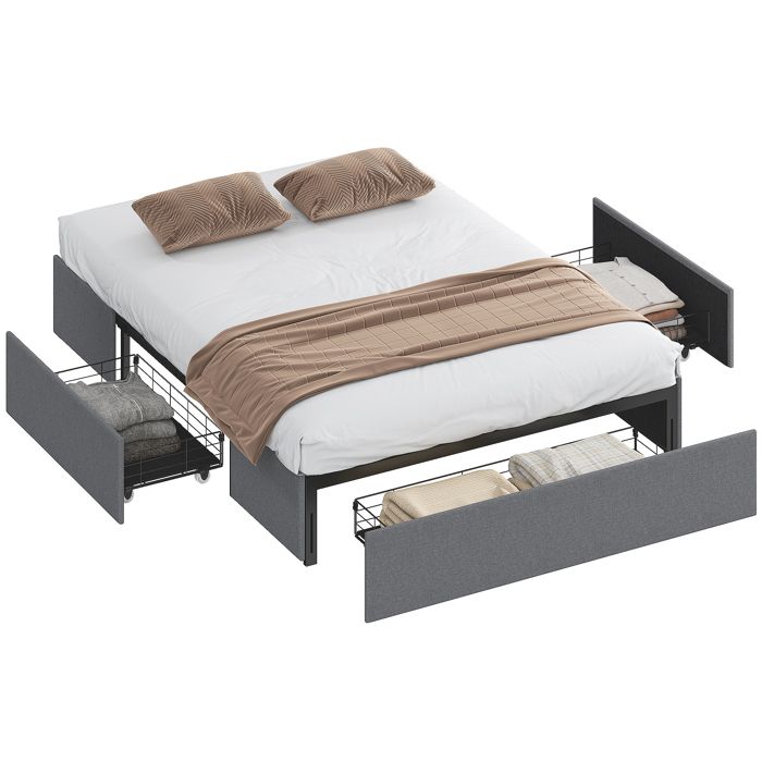 Cadre de lit double - HOMCOM - 140 x 190 cm - 3 tiroirs - sommier à lattes en LVL - tissu lin - gris Cadre de lit double - HOMCOM - 140 x 190 cm - 3 tiroirs - sommier à lattes en LVL - tissu lin - gris