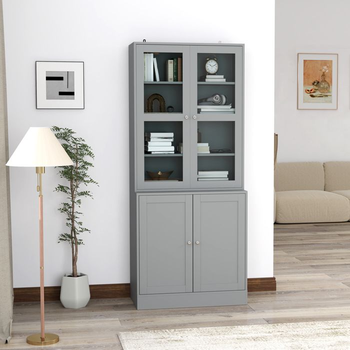 Bibliothèque vitrine meuble de rangement à 6 niveaux avec 4 portes dont 2 en verre trempé étagères réglables gris