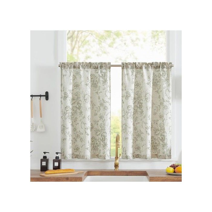 Rideaux courts en lin floral - jinchan - Motif floral oriental - Couleur sauge sur beige - Style café