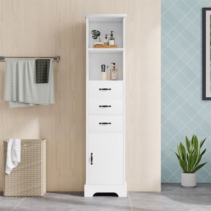 Armoire de Salle de Bain Haute - Colonne de salle de bain avec 3 Tiroirs Niche Ouverte et Placard - Meuble de rangement - Blanc