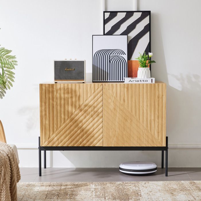 Buffet commode moderne 2 portes pieds métal design lignes 100 cm Buffet commode moderne 2 portes pieds métal design lignes 100 cm