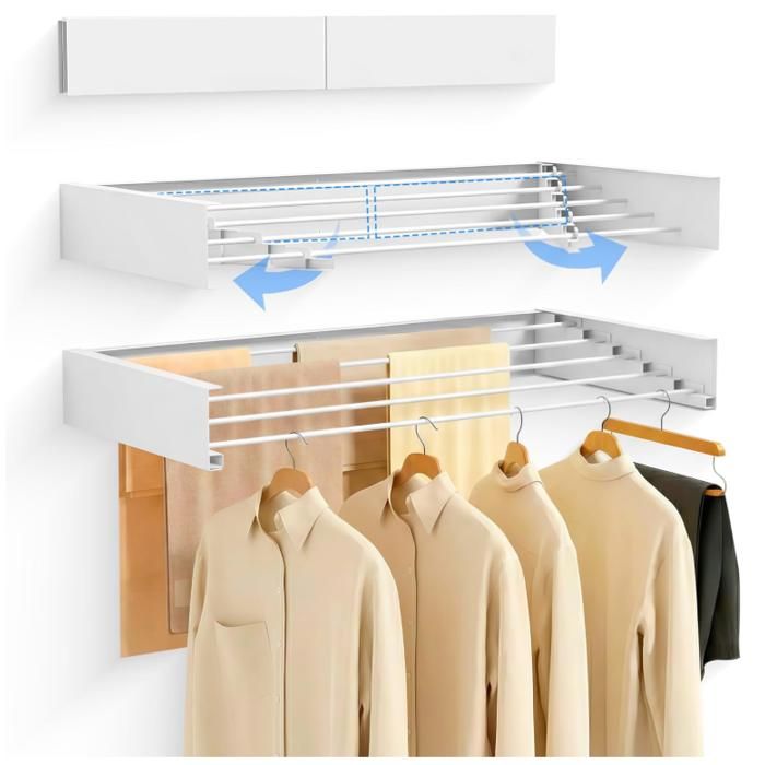 Étendoir Mural Pliable Rétractable 100 cm Séchoir à Linge Mural pour Intérieur ou Extérieur Design Compact Gain Place avec Capacité