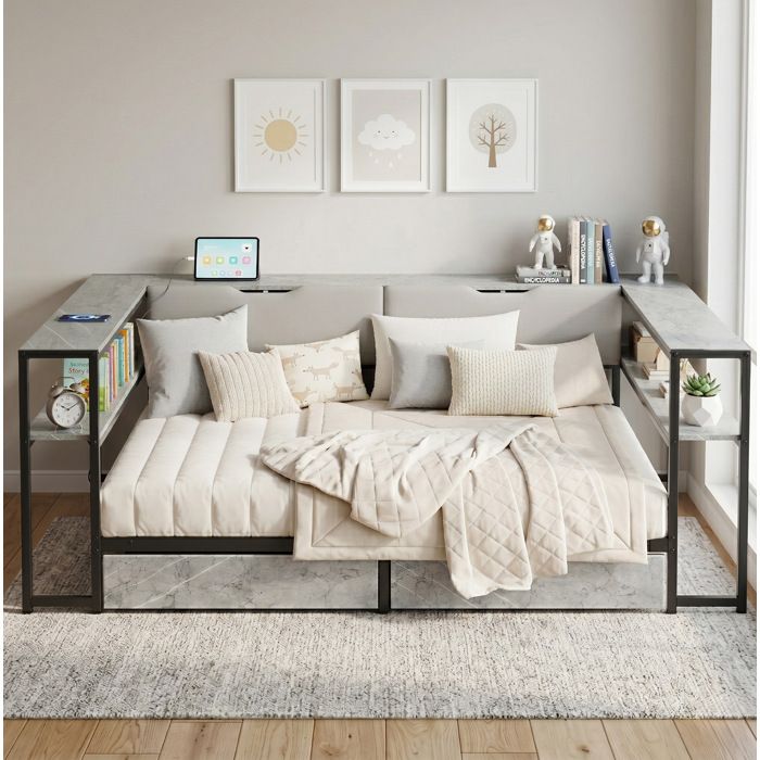 Lit banquette avec ports USB et Type-C 2 tiroirs sommier à lattes - TCQPZ - MDF métal gris 140 x 200 cm