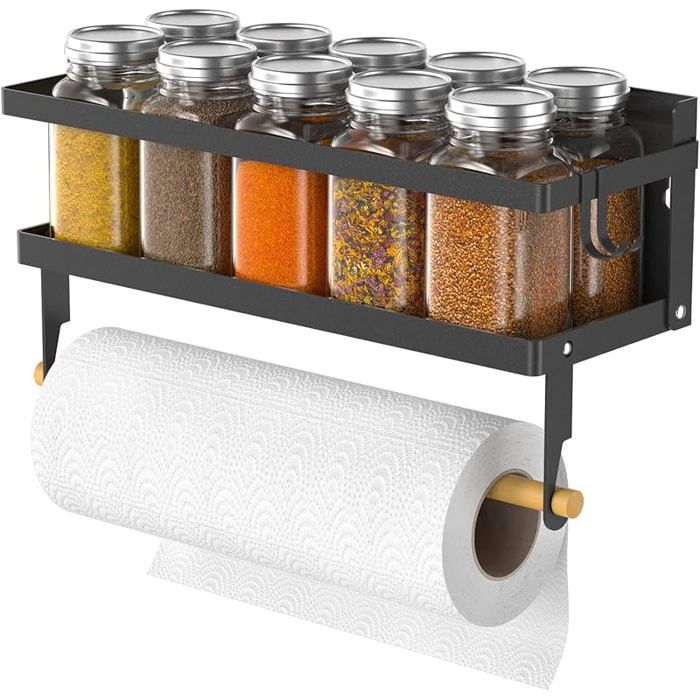 Étagère magnétique à épices avec rouleau porte-serviettes en papier et crochets Porte-épices magnétique pour Noir MEUBLE A EPICES