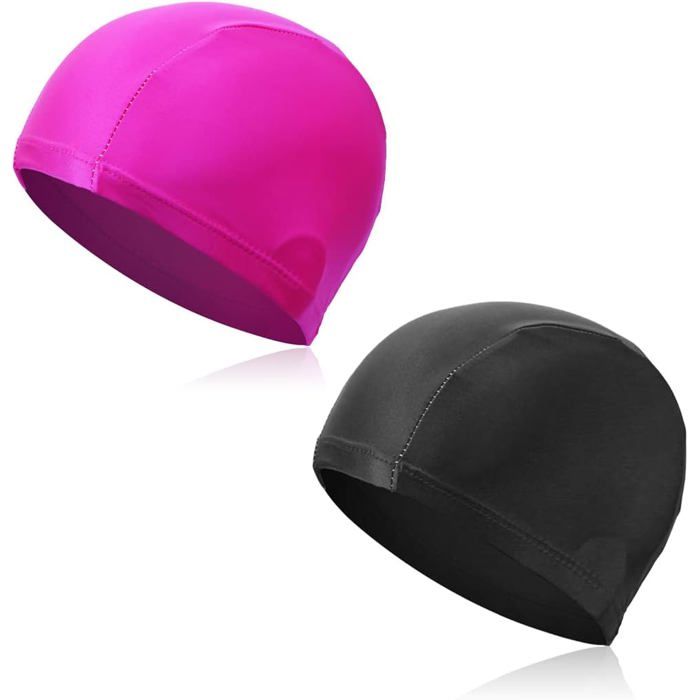 Bonnets de Bain en Tissu Polyester Extensible Lot de 2 Bonnets de Bain Doux pour Homme et Femme (Noir et Rose Rouge)
