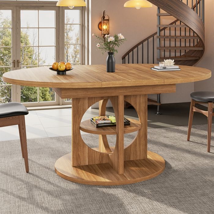 Table à Manger Extensible avec Rangement 110-150cm Ronde/Ovale Table de Cuisine Table à Manger Moderne Pour Salon Cuisine