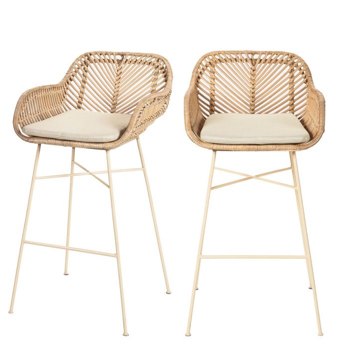 Nunuhai - Lot de 2 tabourets de bar en rotin pieds beiges H68cm - Naturel Nunuhai - Lot de 2 tabourets de bar en rotin pieds beiges H68cm - Naturel