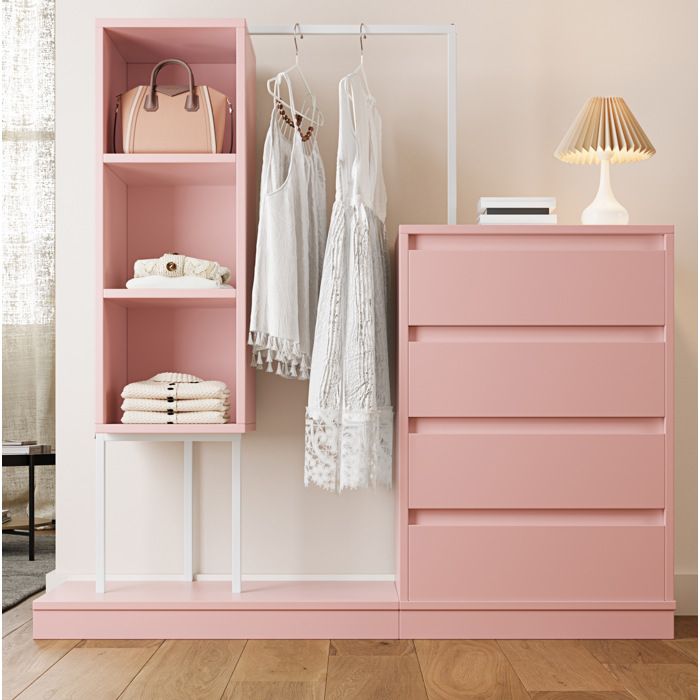 COVREO armoire de chambre 140 x 40 x 135 cm avec penderie 4 tiroirs 3 étagères ouvertes rose et blanc