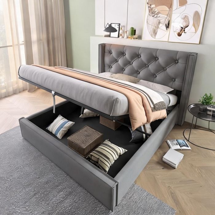Chambre adulte: lit double 140x200 cm avec coffre sommier relevable coton gris classique