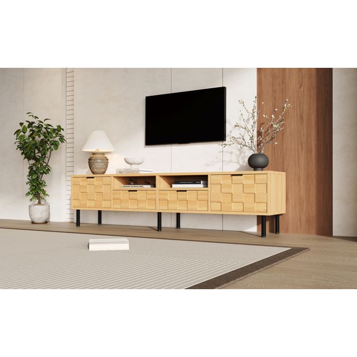 Meuble TV lowboard 200 cm coloris naturel avec 2 portes 2 tiroirs 2 niches ouvertes pour TV jusquà 80 pouces