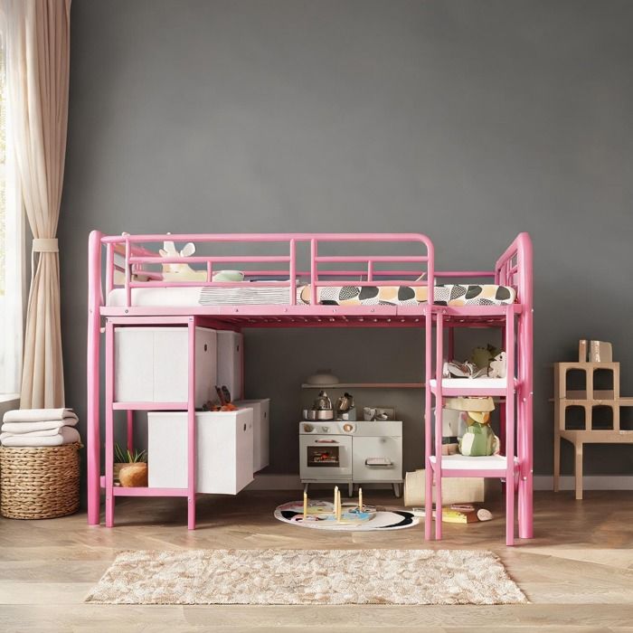 Lit mezzanine enfant métal soft pink 90x200 avec tiroirs étagères et escalier large