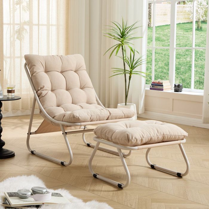 Fauteuil avec pouf 1 place sans accoudoirs - MEUNIQ - coussin moelleux maille respirante acier et tissu beige