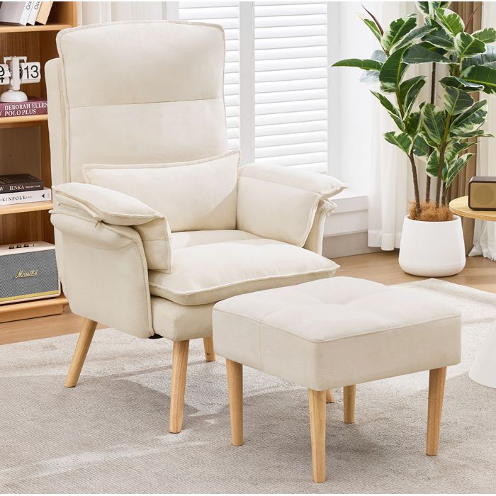 Fauteuil Relax avec 1 Fauteuil 1 Repose-pieds et 1 Coussin - TCQPZ - Dossier Réglable 5 Positions - Lin et Beige