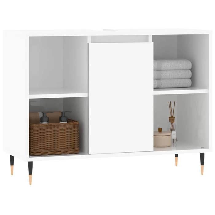 Armoire de salle de bain - COCO - Colonne de bain - COCO - bois dingénierie - blanc brillant - pieds stables - porte réversible