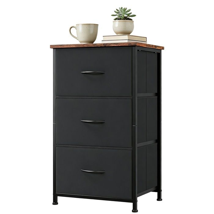 Commode slim 3 tiroirs en tissu amovible structure robuste compacte montage simple polyvalente pour chambre et salon - Noir+Rétro