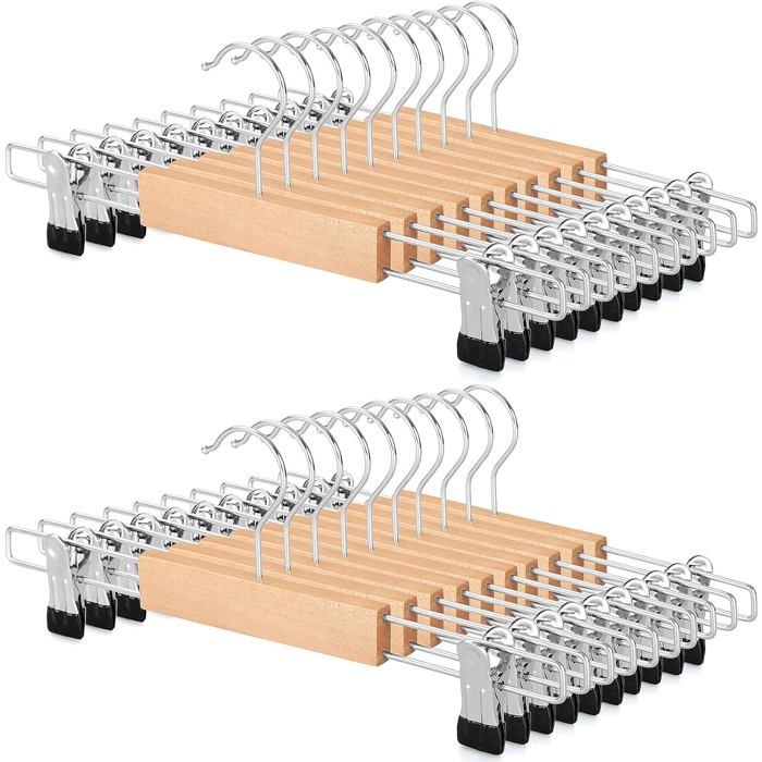 Cintre bois pince antidérapante crochet pivotant 360° pour pantalon jeans et jupes - lot de 20 33 cm adulte et enfant