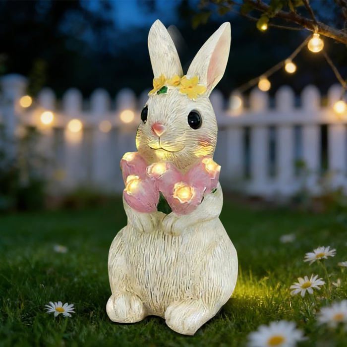 Statue Solaire Jardin Lapin LED Décoration Extérieure Animaux avec Lumière Solaire Ornement Patio Pelouse Porche Cadeau