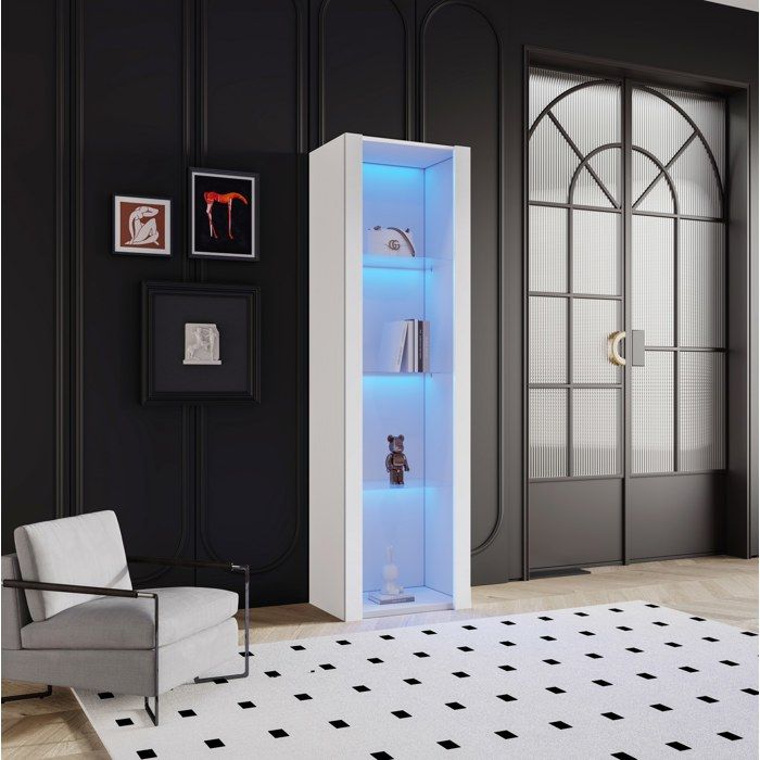 Vitrine sur pied AESVAR blanche brillante 55 x 38 x 166 cm avec LED et 3 étagères en verre