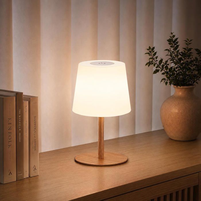 Lampe de chevet sans fil tactile LED rechargeable USB-C 4500 mAh dimmable 3 couleurs portable étanche IP65 finition noyer 1 pièce