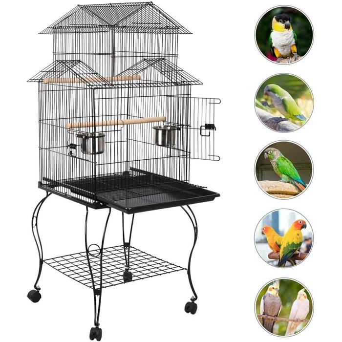 Cage à Oiseaux avec Toiture Triple 59 5x59 5x140 cm Support Détachable Plateau Coulissant 2 Mangeoires Roulettes 360°