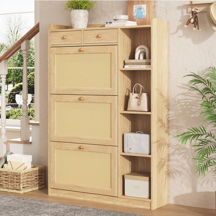 Meuble à chaussures naturel 90 x 24 x 130 cm 3 abattants 2 tiroirs niches ouvertes effet rotin
