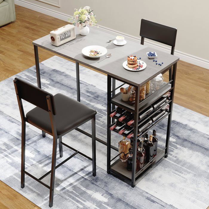 Ensemble table à manger 3 pièces - Table + 2 tabourets rembourrés - Rangement 4 étagères + porte-bouteilles - 90 cm -Gris