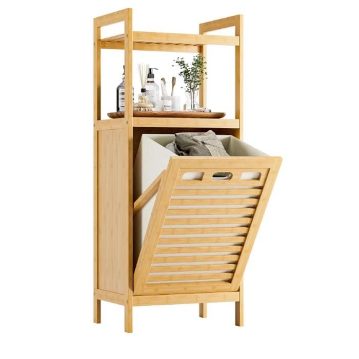 Meuble Salle de Bain avec Panier à Linge Armoire Bas Salle de Bain en Bambou avec 2 étagères Ouvertes 32L Sac Intérieur Naturel