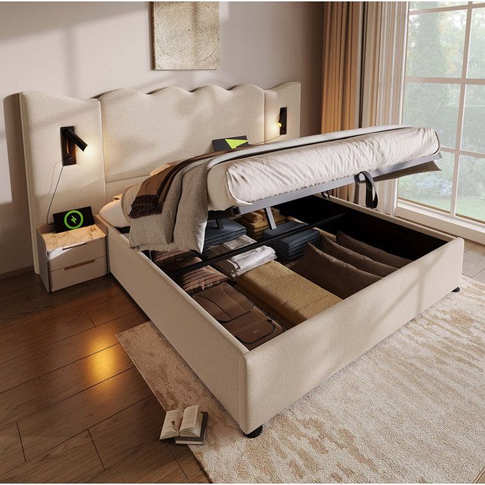 COVREO Lit coffre double 180 x 200 cm beige en lin liseuses orientables USB et Type-C