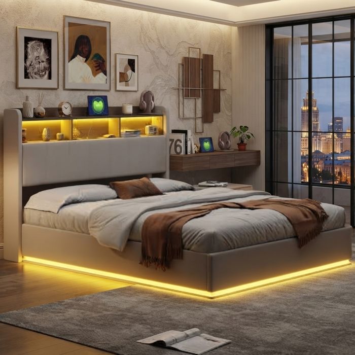 Lit double 160x200 cm avec ports USB/Type-C – Lit coffre capitonné en lin beige rangement hydraulique et sommier à lattes