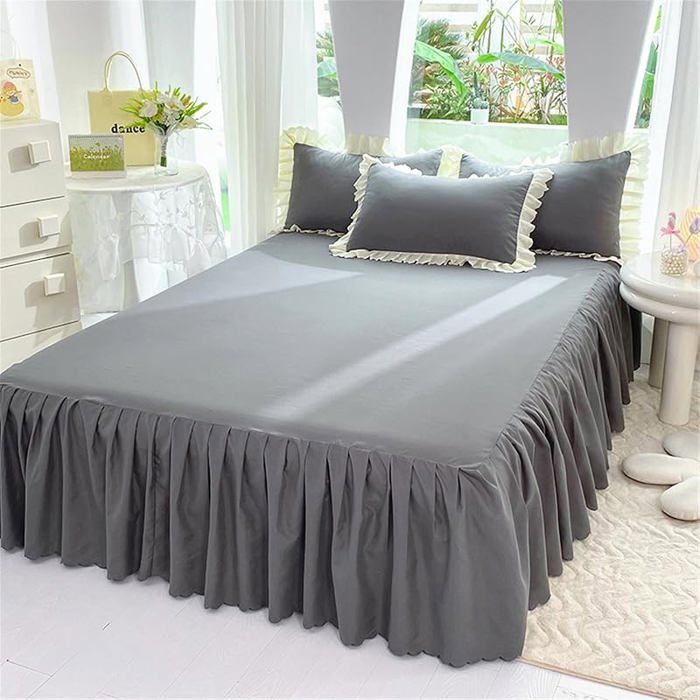 Eurpand Jupe de Lit Volantée en Microfibre Grise 150x200cm Cache-Sommier Antidérapant avec 2 Taies 48x74cm gris JETEE DE LIT