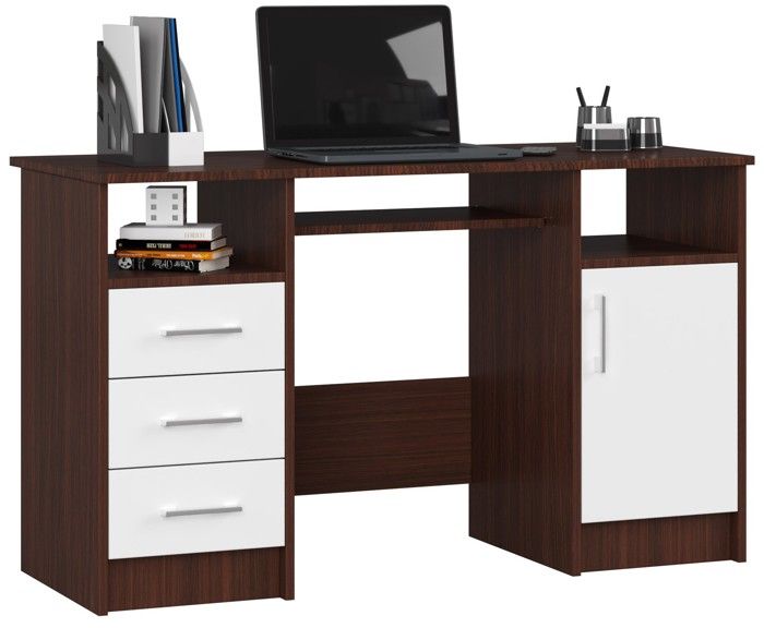 Bureau d'ordinateur AKORD ANA Wengé 124 cm Bureau informatique, (1) porte (3) tiroirs couleur blanc , 5 étagères - 124x52x74 cm