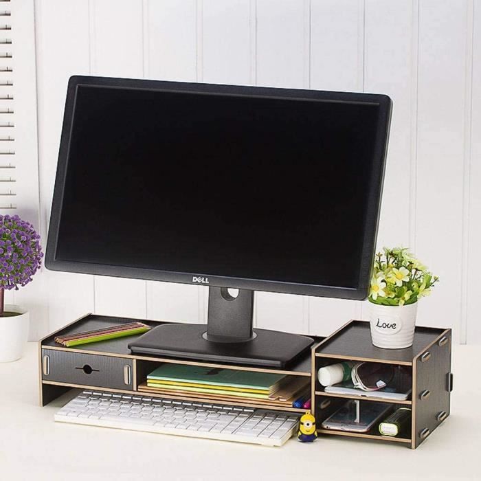 Support Moniteur En Bois Avec Tiroir Verrouillable – Rangement Bureau Pour PC, écran, Téléphone – Design Sobre Et Fonctionnel