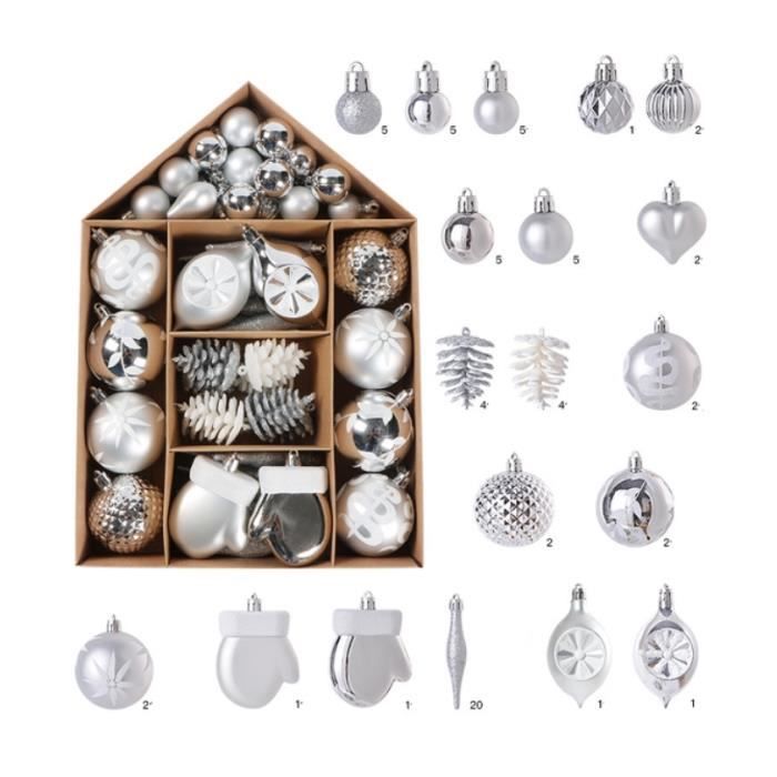 Boules de Noël - Incassables - 70 Pièces - Décoration Sapin - Plastique - Blanc Argenté