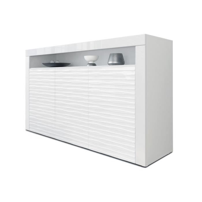 Vladon Buffet Armoire Valencia Corps en Blanc mat - Façades en Blanc haute brillance Harmony avec une structure 3D fraisée