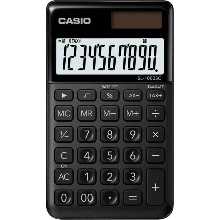 Casio SL-1000SC-BK Calculatrice de poche noir Ecran: 10 solaire, à pile(s) (l x H x P) 71 x 9 x 120 mm