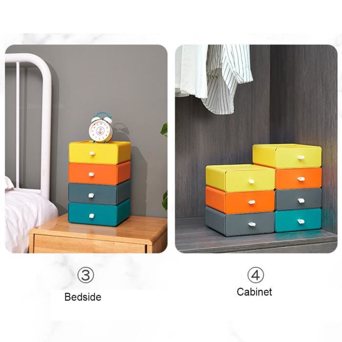 4PCS Tiroirs Rangement Plastique Empilables SITAKE - Organisateur Bureau Et Cosmétiques Bleu Et Vert Organisateur Bureau Tiroirs Plastique