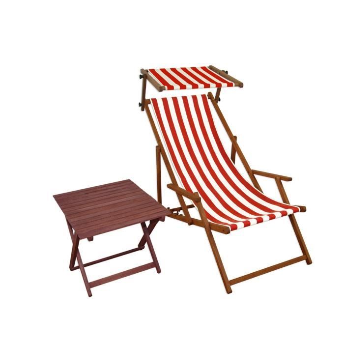 chaise longue rayé rouge et blanc, bain de soleil pliant, pare-soleil, petite table 10-314st