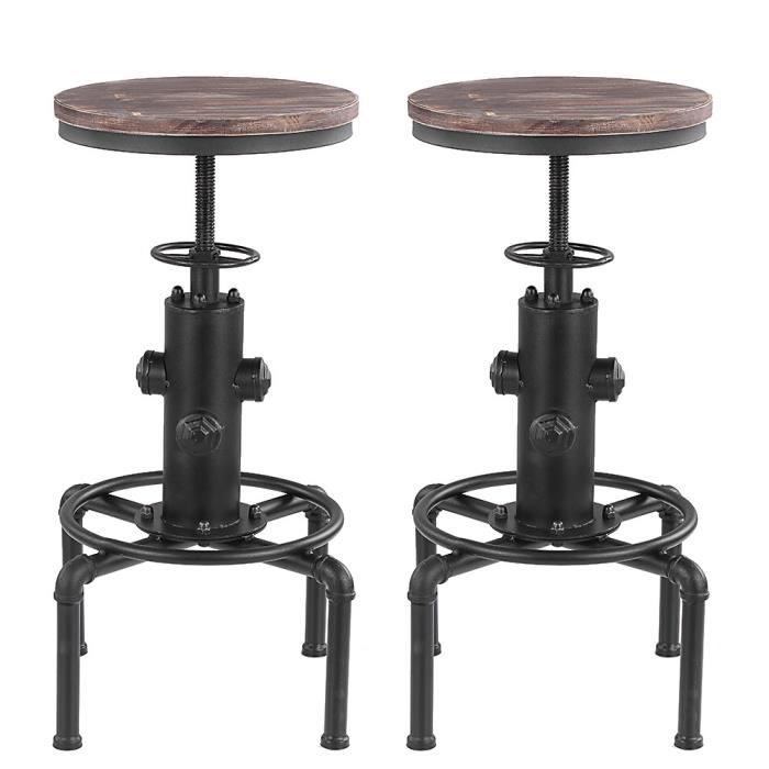 Lot De 2 Tabourets De Bar De Style Industriel En Bois Réglable En Hauteur Tabouret Bar Bois Lot De Chaises De Bar Ikayaa