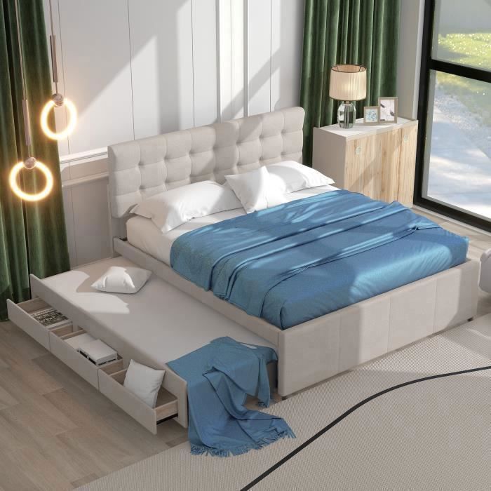 Lit Rembourré avec Lit Gigogne MERAX 140x200 cm en lin beige 3 Tiroirs - 2/3 places Lit Rembourré avec Lit Gigogne MERAX 140x200 cm en lin beige 3 Tiroirs - 2/3 places