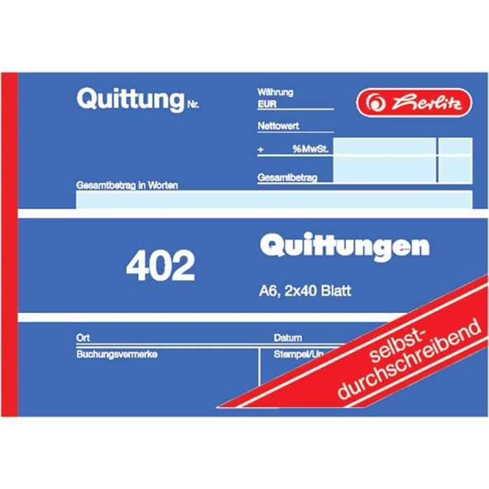 Herlitz Quittung Bloc 402 autocopiant A6 Paysage 2 x 40 feuilles
