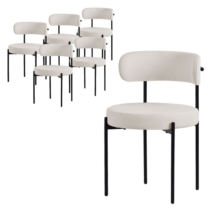 ML-Design Lot de 6 Chaises de Salle à Manger en Tissu Teddy Polyester Blanc avec Dossier Chaise Ronde Rembourrée Pieds Métalliques