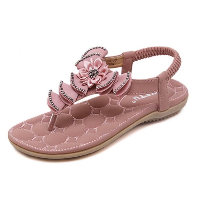 Minetom Sandales Femme Été Confortables Tong Avec Fleurs Strass Boho - Chaussures Plage Plates Bout Ouvert