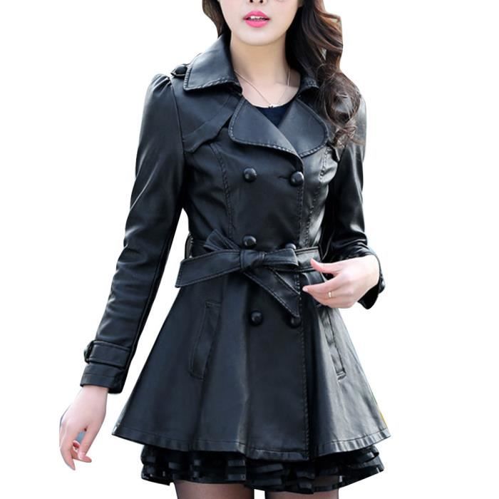Veste Femme Long en Faux cuir Doublé Trench-coat Mince en cuir PU