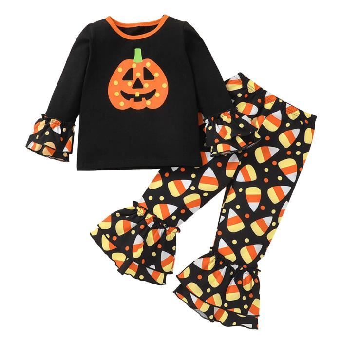 Ensemble de vêtements d'Halloween pour bébé fille à manches longues imprimé citrouille avec haut et jupe porte-jarretelles 2 pièces