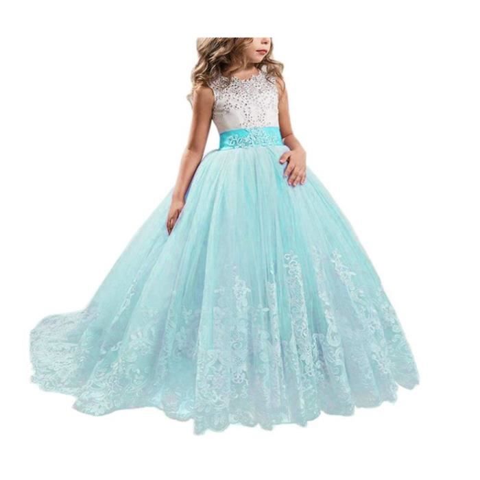 OBEEII Robe Maxi Fille Dentelle Florale Sans Manches - Cérémonie Mariage Communion 6-16 Ans